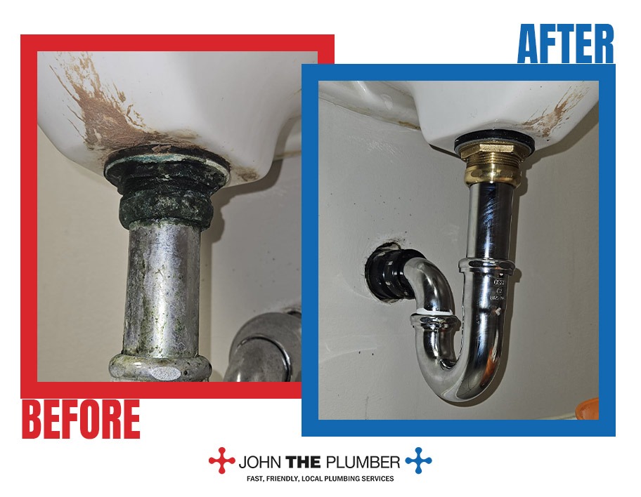 Sink drain repair, before and after, by John The Plumber