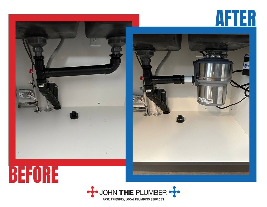 Kitchen garbage disposal installation, before and after, by John The Plumber
