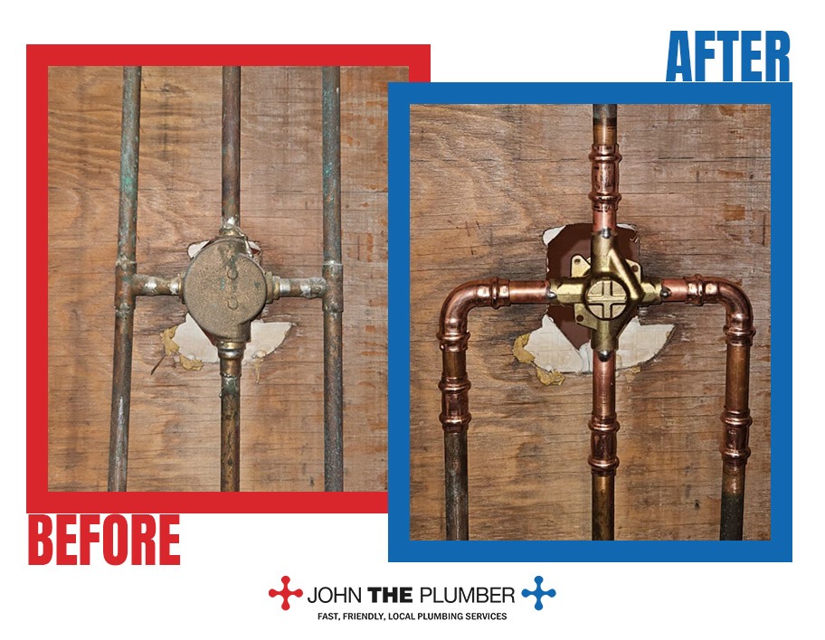Mixing valve replacement, before and after, by John The Plumber