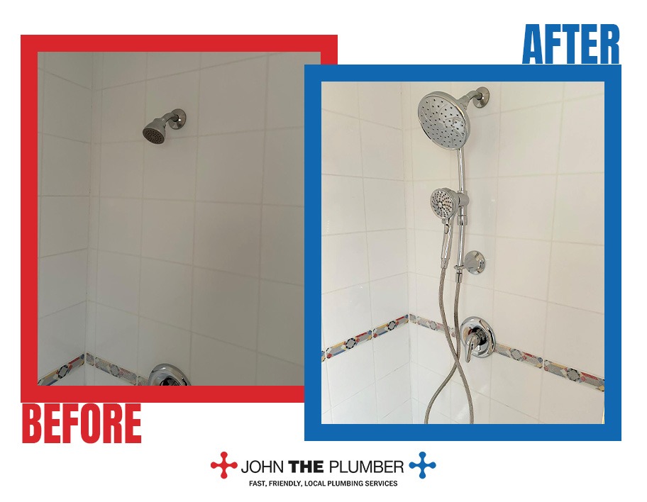Shower sprayer replacement, before and after, by John The Plumber