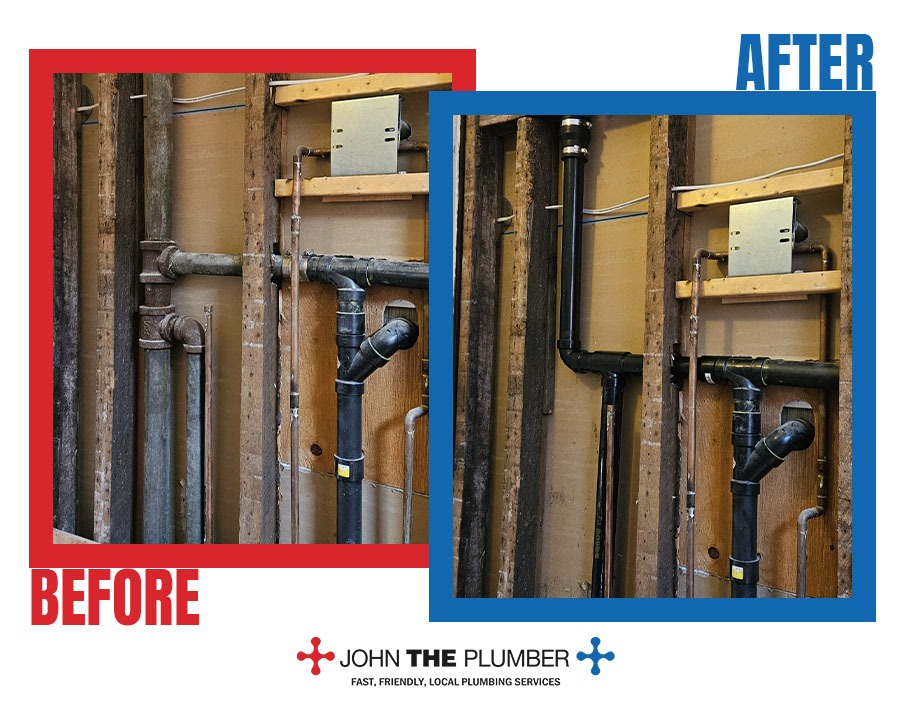 Sink drain pipe replacement, before and after, by John The Plumber