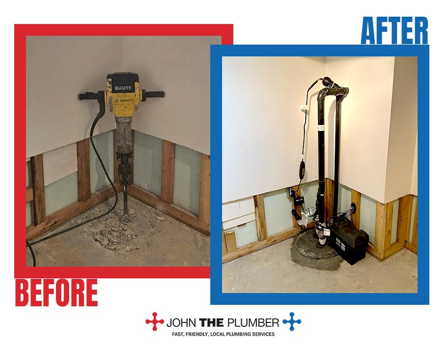 Sump pump installation, before and after, by John The Plumber