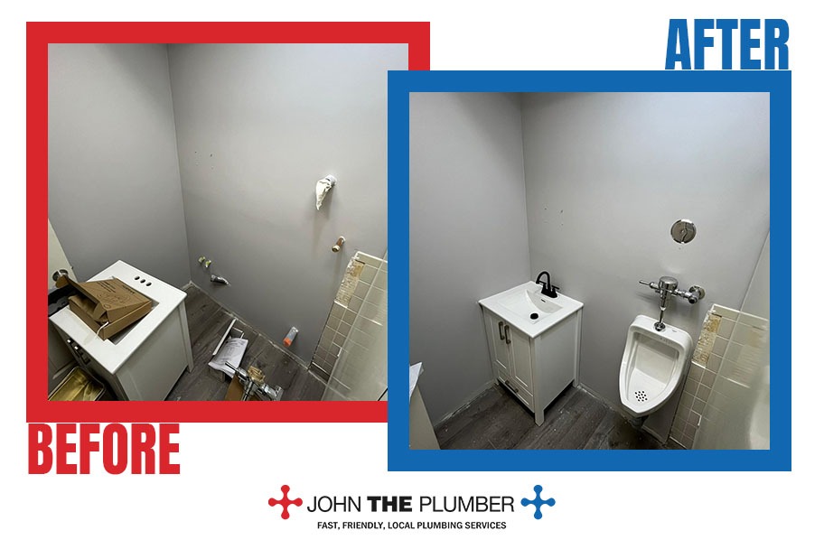 Urinal installation in bathroom, before and after, by John The Plumber